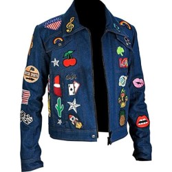Men's Taron Egerton Multi Patches Blue Denim Jacket 
