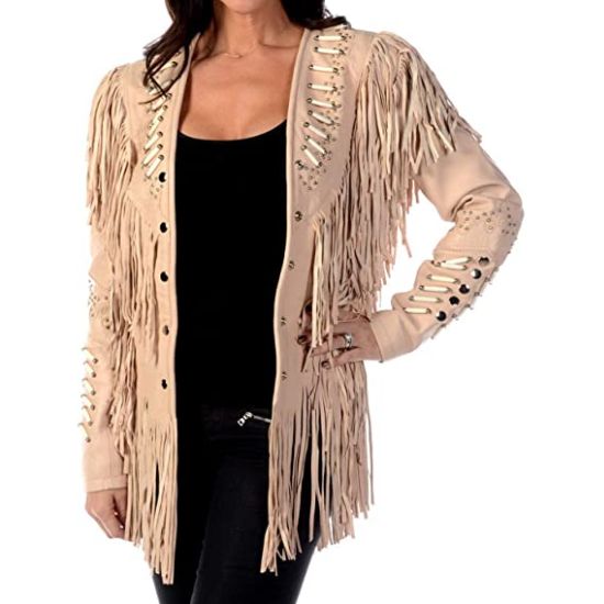 Native American Western Cowgirl Fringe Beads Bone Cream Coat