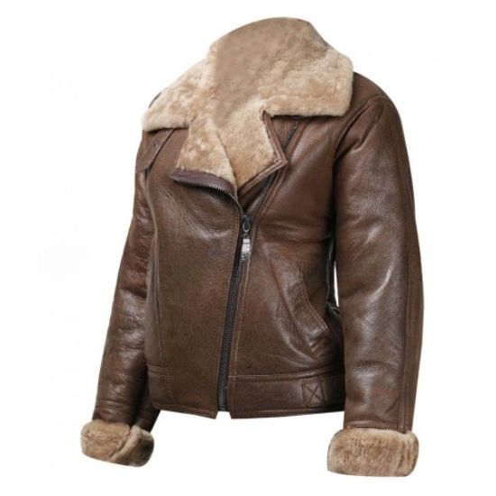 Women's World War II B3 Ginger Brown Aviator Shearling Leather Jacket