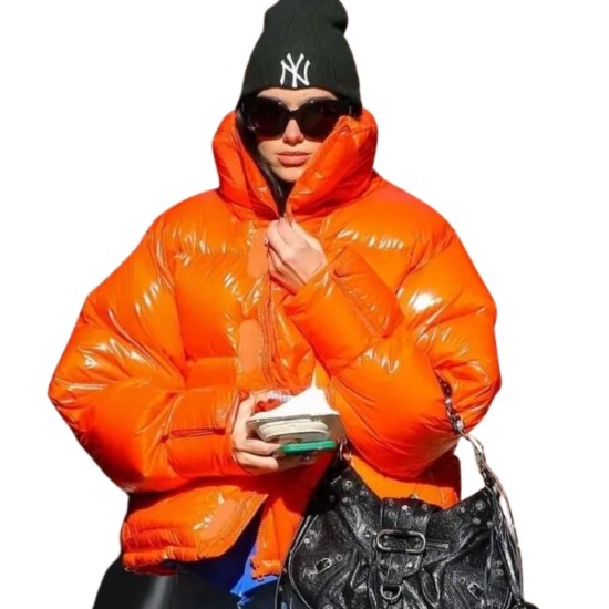 Dua Lipa Bright Orange Puffer Jacket