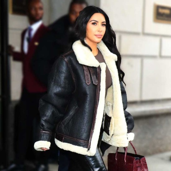 Kim Kardashian Street Style Shearling Black Leather Jacket