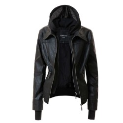 Women Hoodie Style Leather Jacket