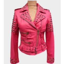 Women Pink Golden Studded Biker Jacket