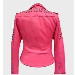 Women Pink Golden Studded Biker Jacket Women Pink Golden Studded Biker Jacket