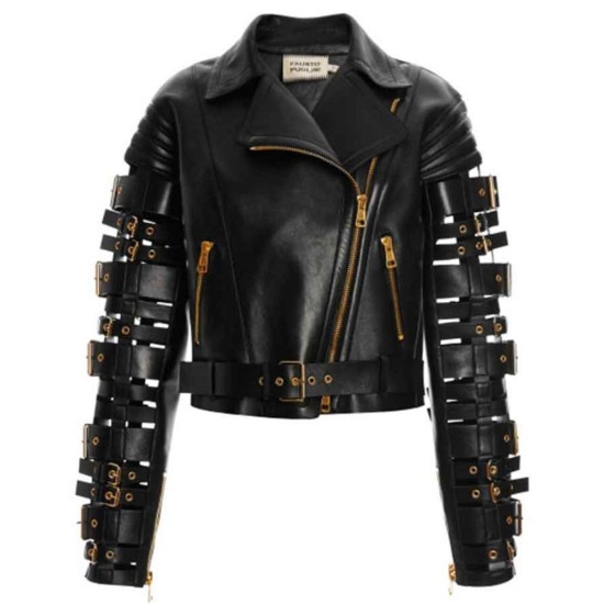 Zendaya Straps and Buckles Black Leather Jacket