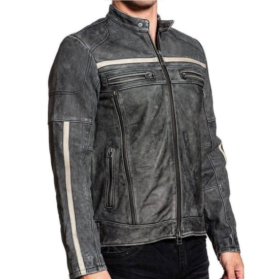 Cafe Racer Grey Distressed Leather Jacket