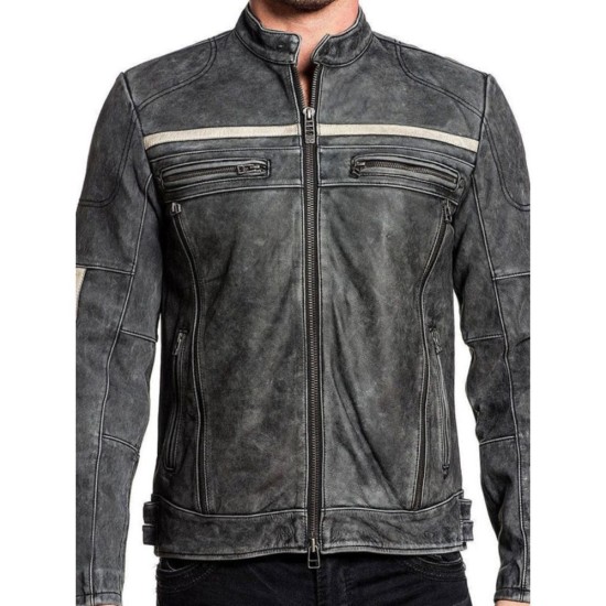 Cafe Racer Grey Distressed Leather Jacket