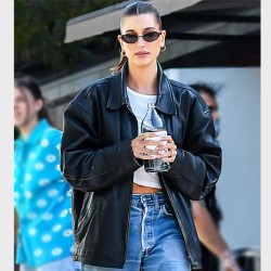 Hailey Bieber Black Leather Jacket