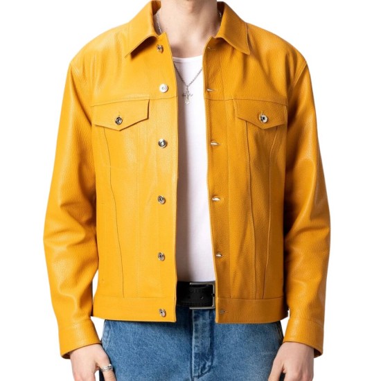 Men's Yellow Basic Leather Jacket