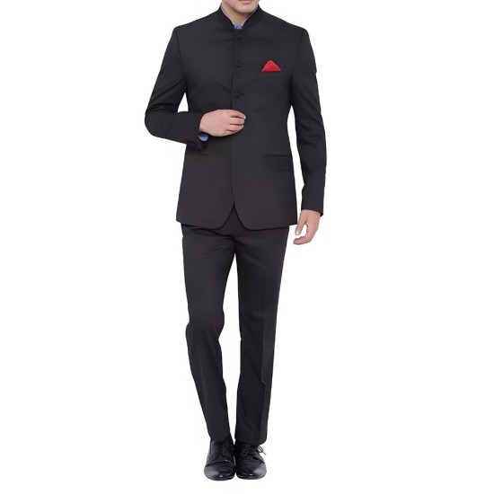 Black Nehru Grandad Collar Suit For Men