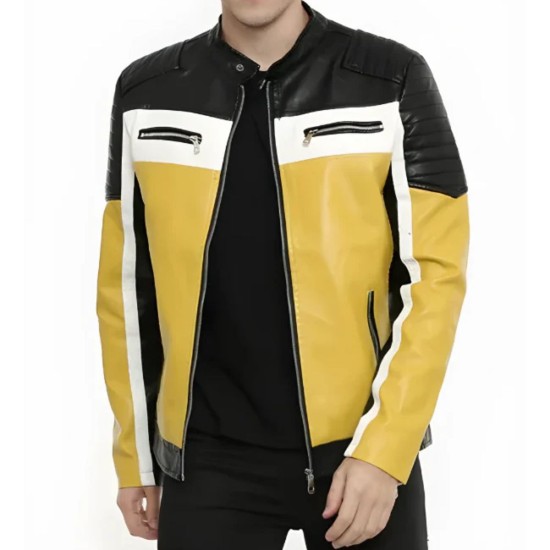 Black Color Motorcycle Yellow Leather Jacket