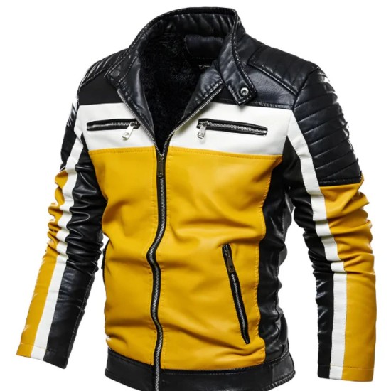 Black Color Motorcycle Yellow Leather Jacket