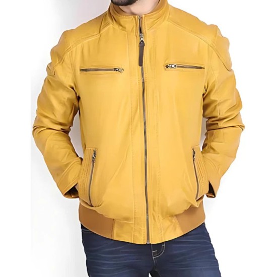 Quilted Shoulder Yellow Leather Jacket For Men