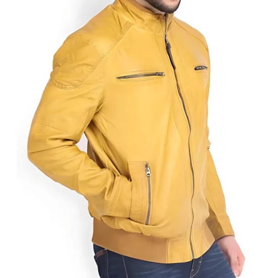 Quilted Shoulder Yellow Leather Jacket For Men