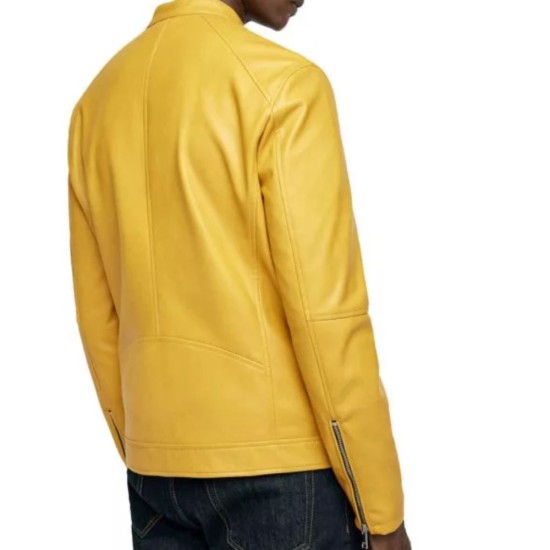  Yellow Raised Colar Leather Jacket