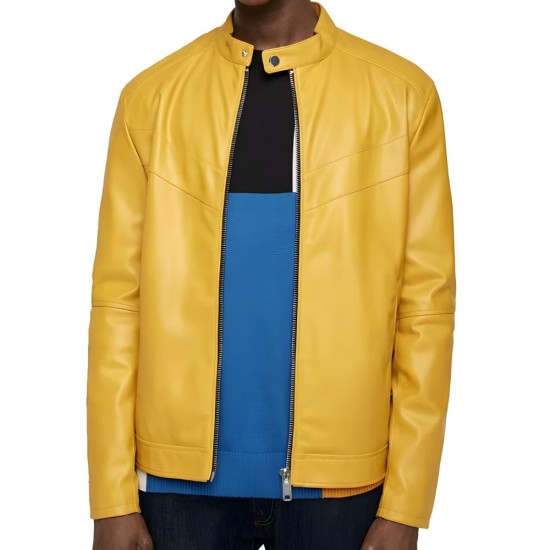  Yellow Raised Colar Leather Jacket