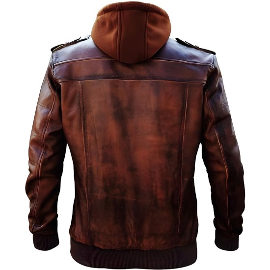 Men Motorcycle Brown Removable Hooded Leather Jacket