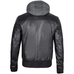 Men’s Black Bomber Leather Jacket With Removable Hood Men’s Black Bomber Leather Jacket With Removable Hood