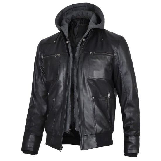 Men’s Black Bomber Leather Jacket With Removable Hood