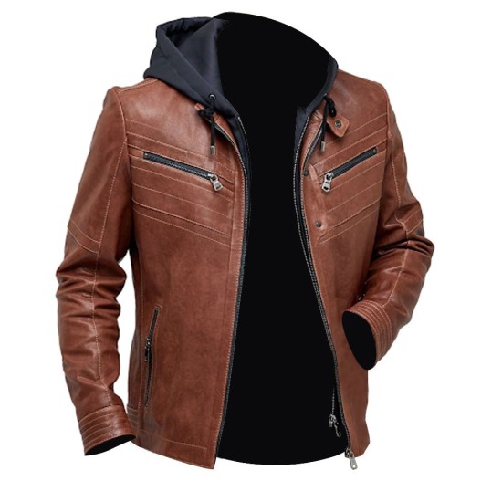 Men’s Real Brown Leather Jacket With Hood