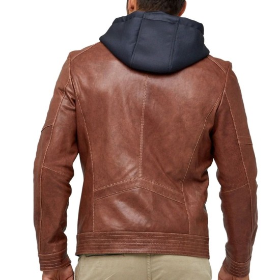 Men’s Real Brown Leather Jacket With Hood