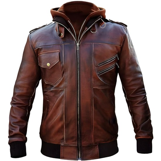 Men Motorcycle Brown Removable Hooded Leather Jacket