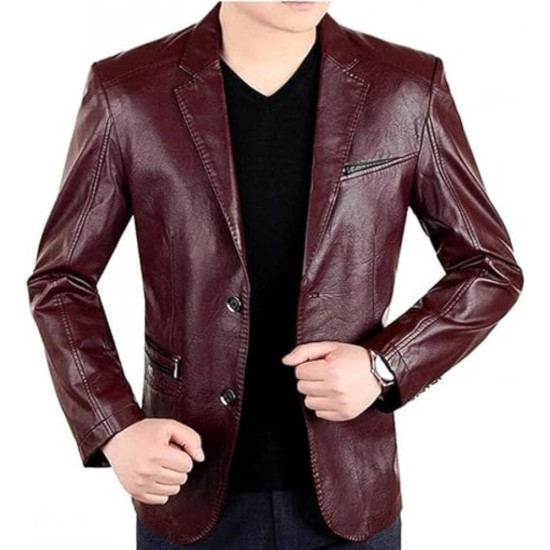 New Mens Maroon Leather Blazer