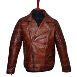 Men Quilted Asymmetrical Biker Brown Leather Jacket