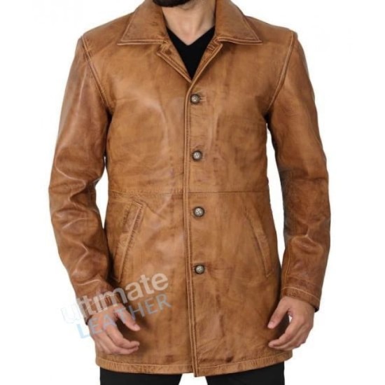 Men's Brown Leather Car Coat