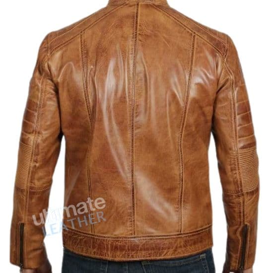 Men's Cafe Racer Tan Distressed Leather Motorcycle Jacket