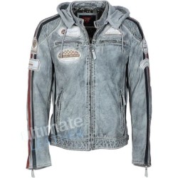 Stone Wash Men's Hooded Leather Jacket Stone Wash Men's Hooded Leather Jacket