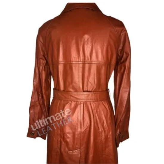 women's brown long leather coat