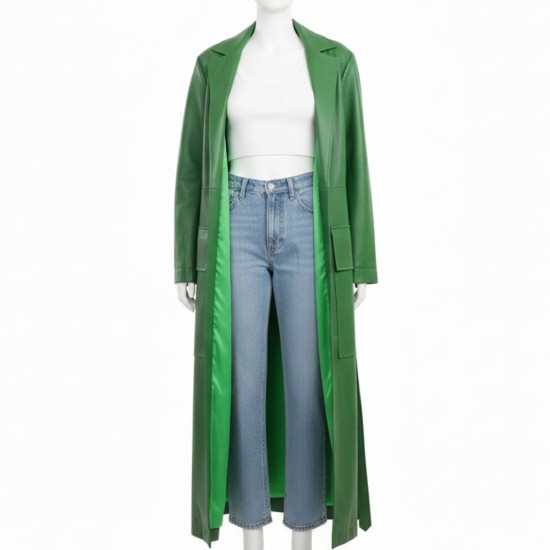 Hailey Bieber Street Style Green Leather Coat Hailey Bieber Street Style Green Leather Coat