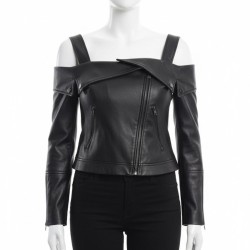 Maria Taylor Off-Shoulder Black Leather Jacket