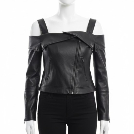 Maria Taylor Off-Shoulder Black Leather Jacket Maria Taylor Off-Shoulder Black Leather Jacket