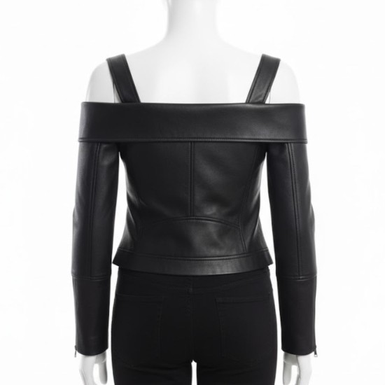 Maria Taylor Off-Shoulder Black Leather Jacket Maria Taylor Off-Shoulder Black Leather Jacket
