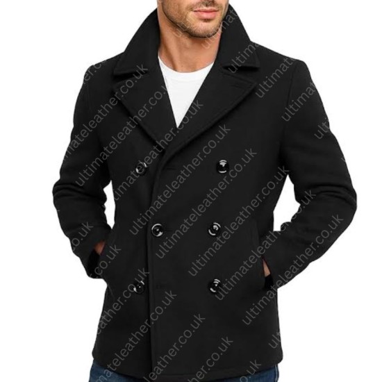 Men's Double Breasted Black Wool Pea Coat