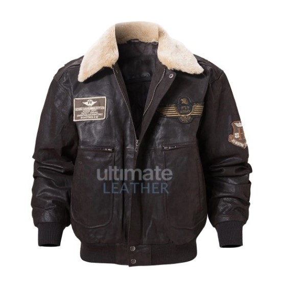 Men's Brown Bomber Leather Jacket with Removeable Collar