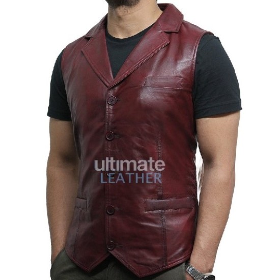 Men's 5 Button Maroon Biker Leather Vest