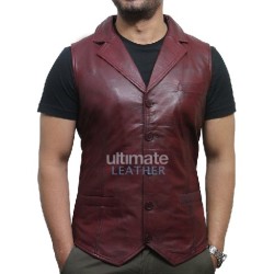 Men's 5 Button Maroon Biker Leather Vest Men's 5 Button Maroon Biker Leather Vest