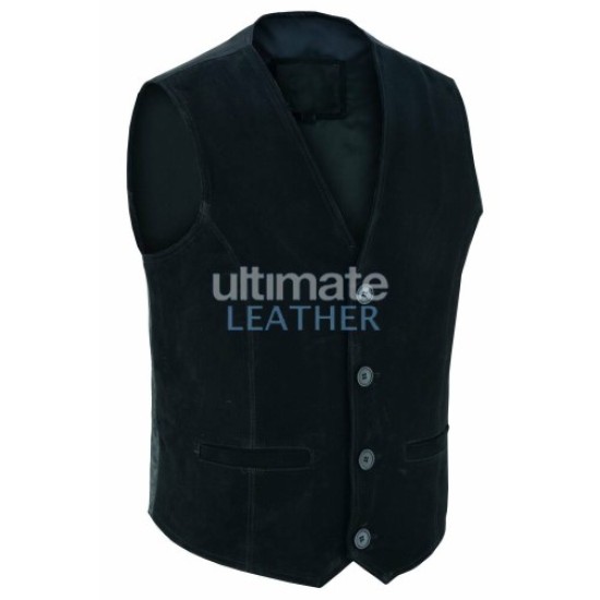 Men's 5 Button Suede Leather Black Vest