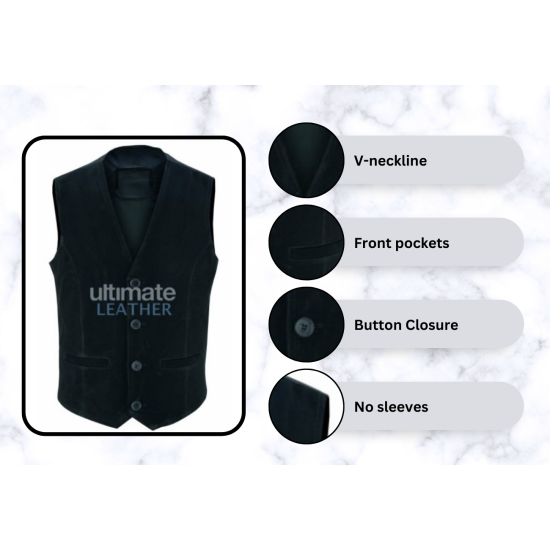 Men's 5 Button Suede Leather Black Vest