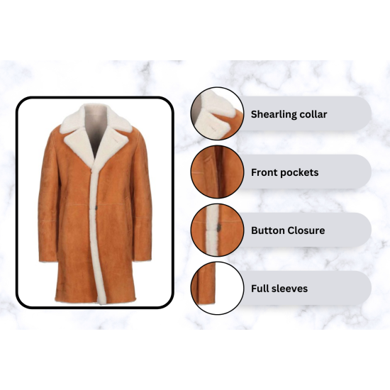 Men's Tan Brown Shearling Suede Leather Trench Coat