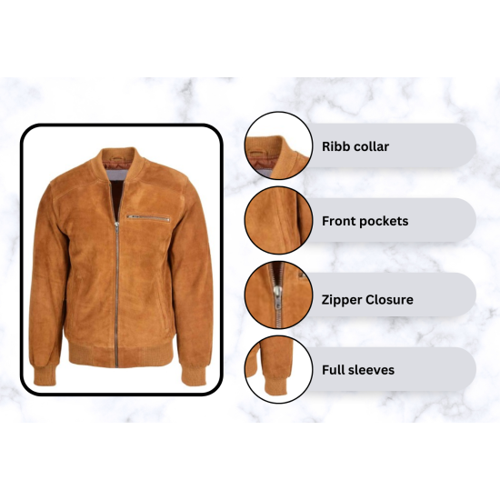 Men's Tan Brown Suede Bomber Jacket