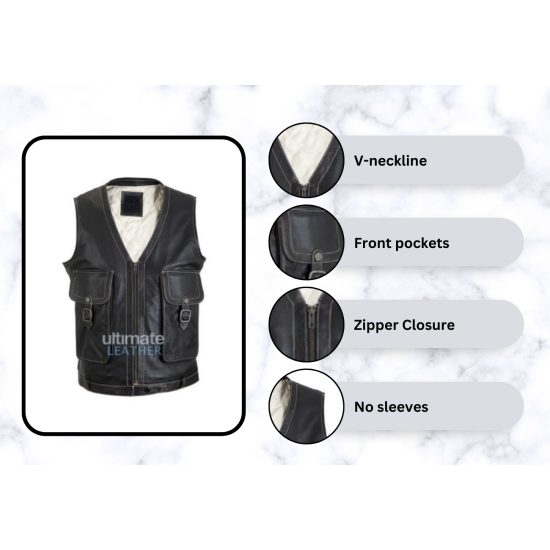 Men's Zip Up Black Leather Vest