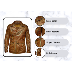 Men's Zip Up Vintage Brown Leather Pea Coat