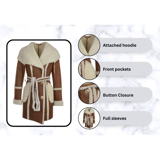 Women's Brown Shearling Leather Trench Coat