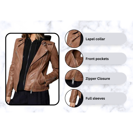 Women's Zip Up Biker Brown Leather Jacket