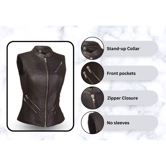 Women's Zip Up Leather Vest with Pockets