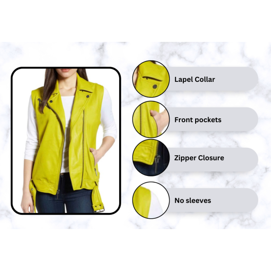 Women's Zip Up Mustard Yellow Leather Vest